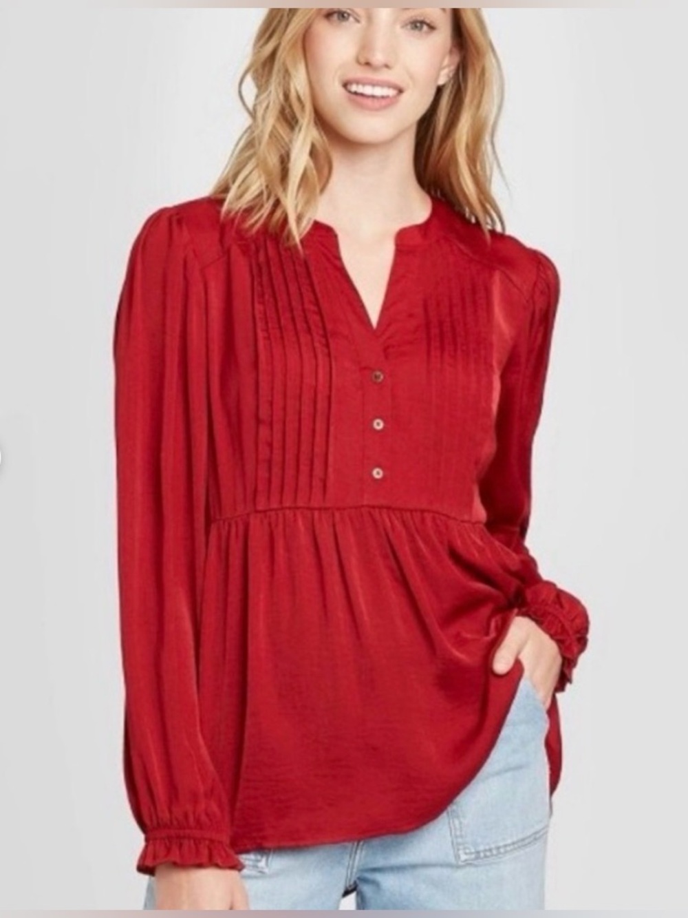 Knox Rose Red Long-Sleeve Pleated Peasant Tunic Medium